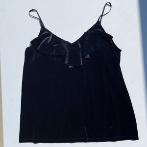 Old Navy black velvet ruffle blouse, spaghetti strap, size large